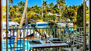 Un balcón con vista a un puerto deportivo, barcos y palmeras.