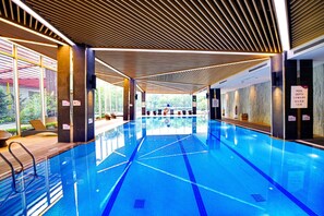 Piscina interior moderna con agua cristalina, listones de techo de madera y vistas al exterior a través de amplios ventanales.
