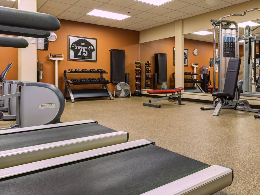 A gym with treadmills, weight machines, and free weights.