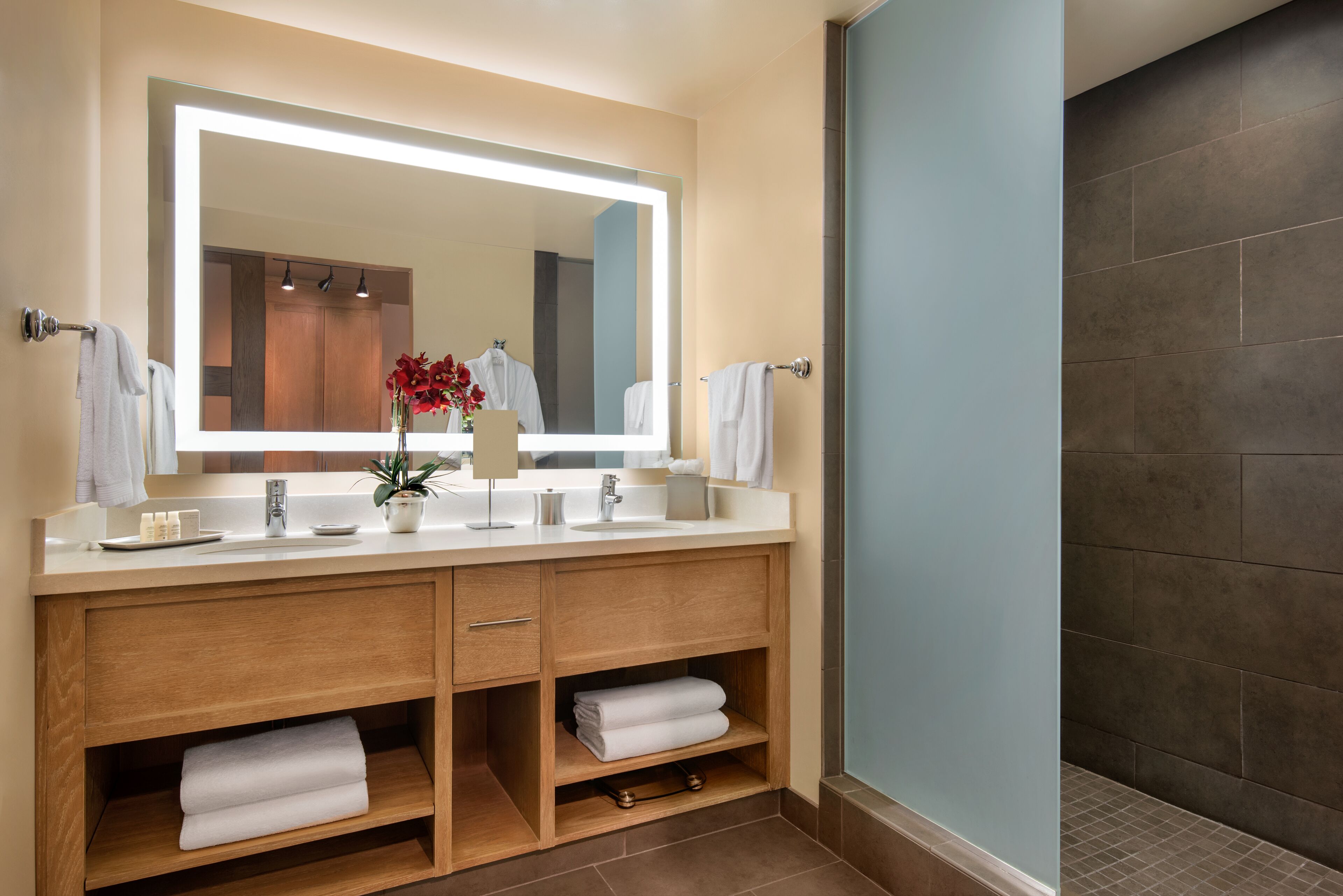 shower, designer toiletries, hair dryer, bathrobes