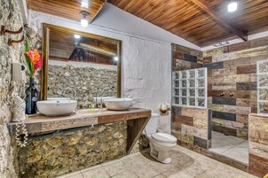 Cabezal de ducha tipo lluvia, toallas, jabón, shampoo