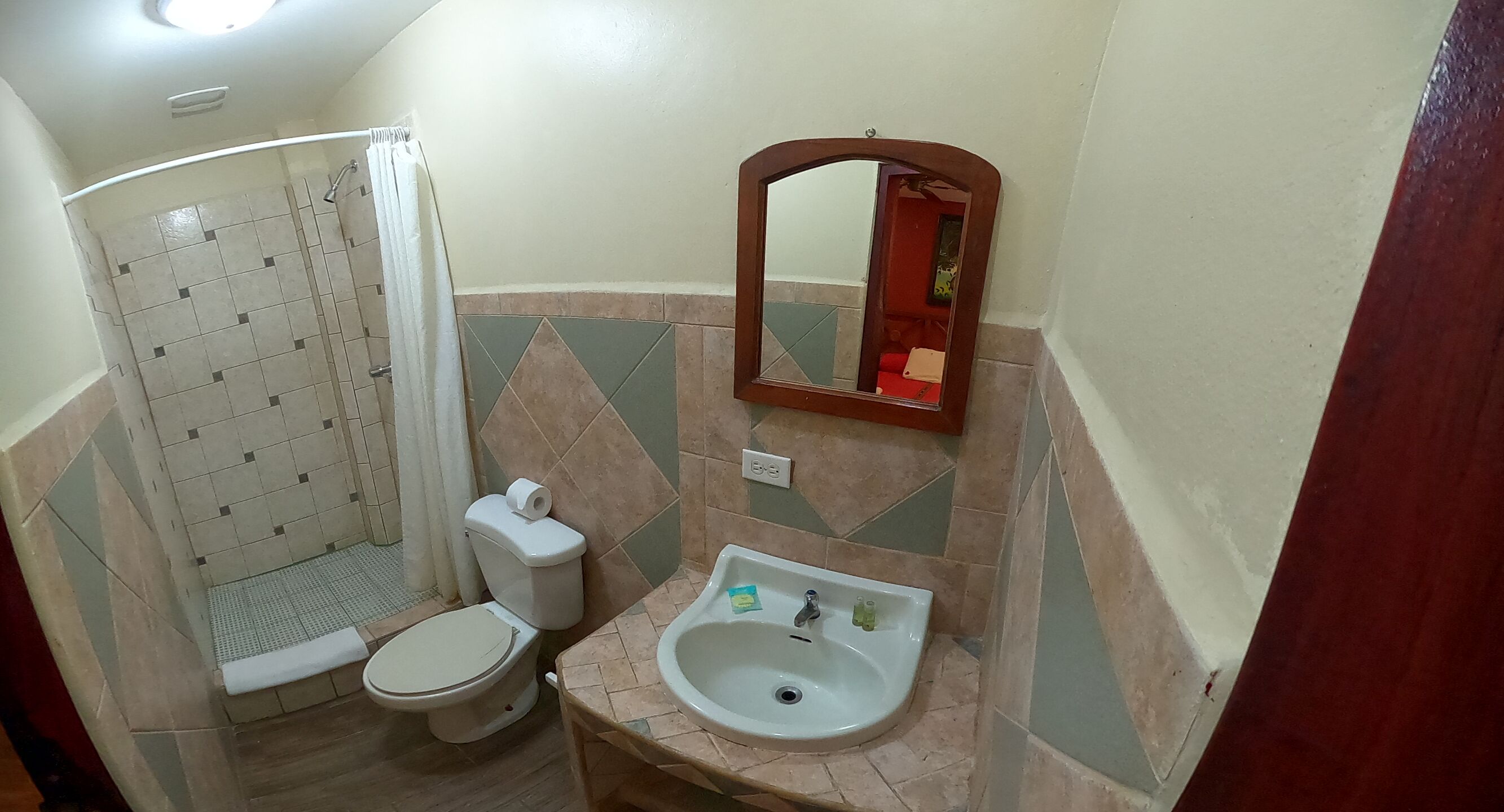 Un baño con ducha, inodoro, lavabo y espejo.