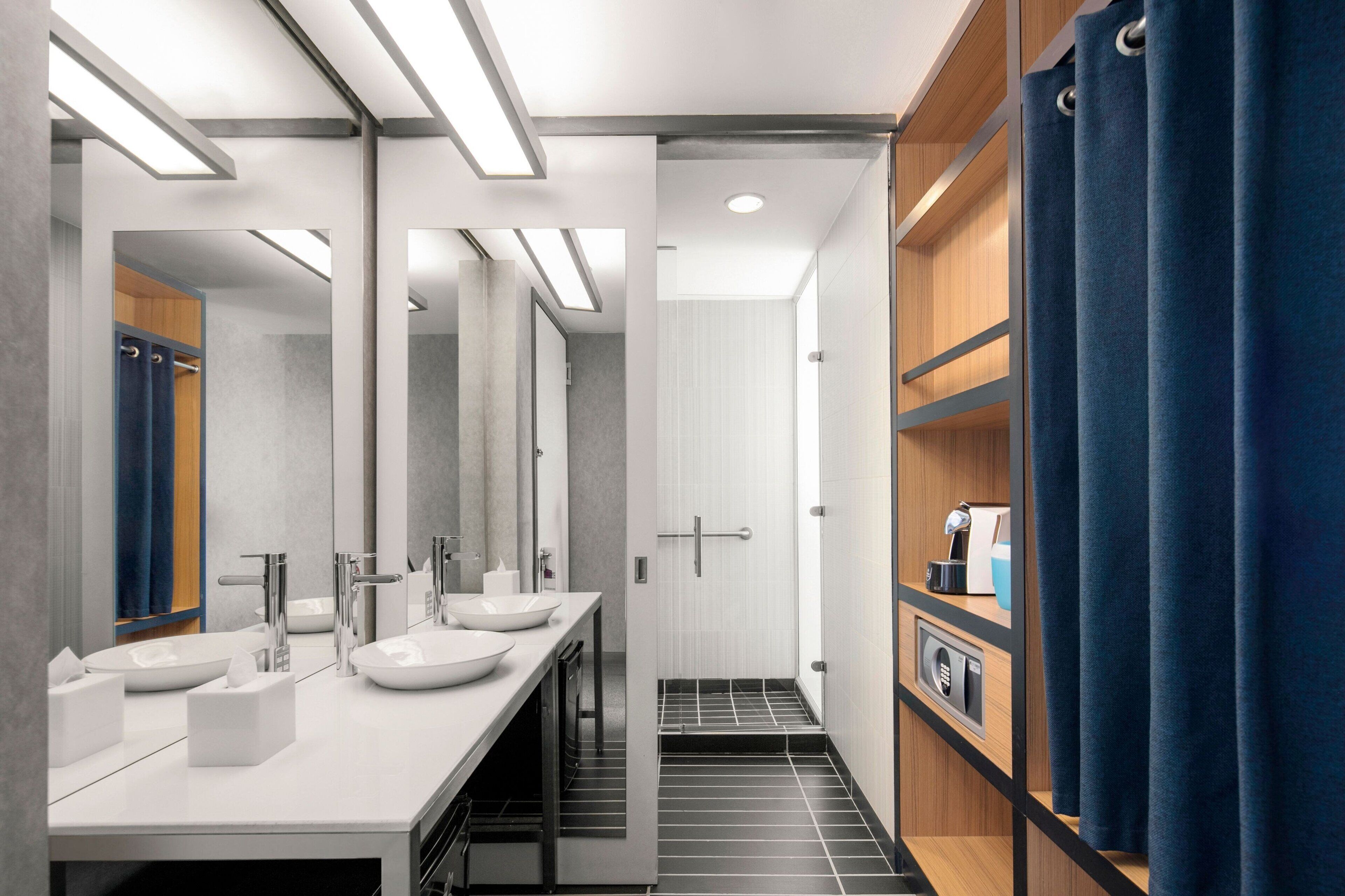 aloft, room, 2 queen beds, non smoking | bathroom | shower, hair dryer, towels