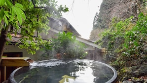 Una fuente termal tradicional con una terraza de madera y entorno de piedra.