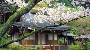 Un edificio japonés tradicional con un porche cubierto, rodeado de un jardín cuidado con diversas plantas y un sendero de piedra.