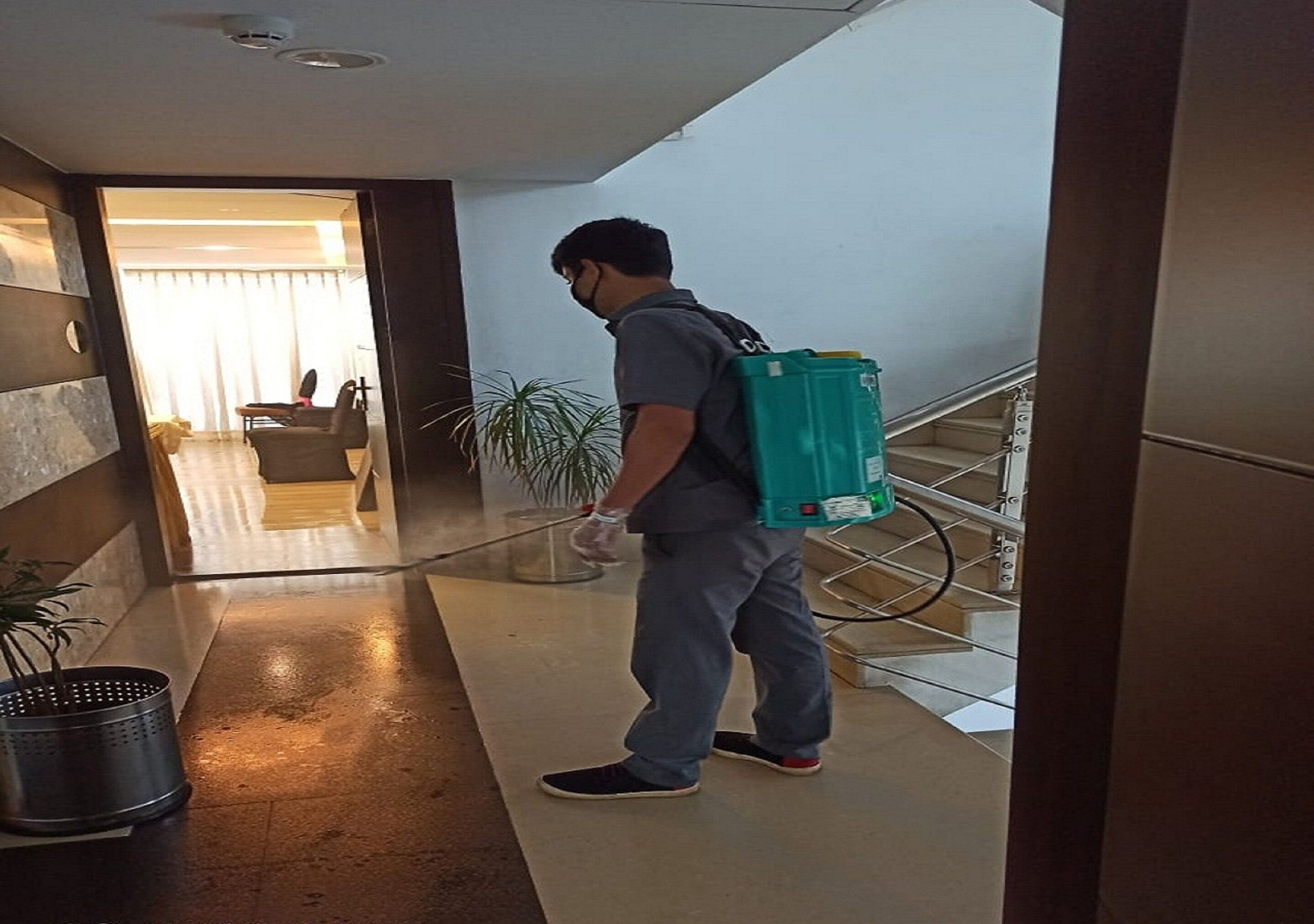 A person in a hallway with a backpack, a potted plant, and a staircase.