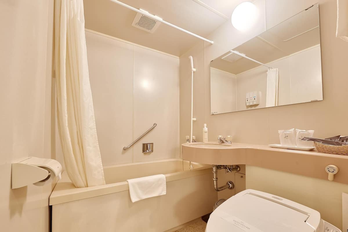 combined shower/bathtub, free toiletries, hair dryer, slippers