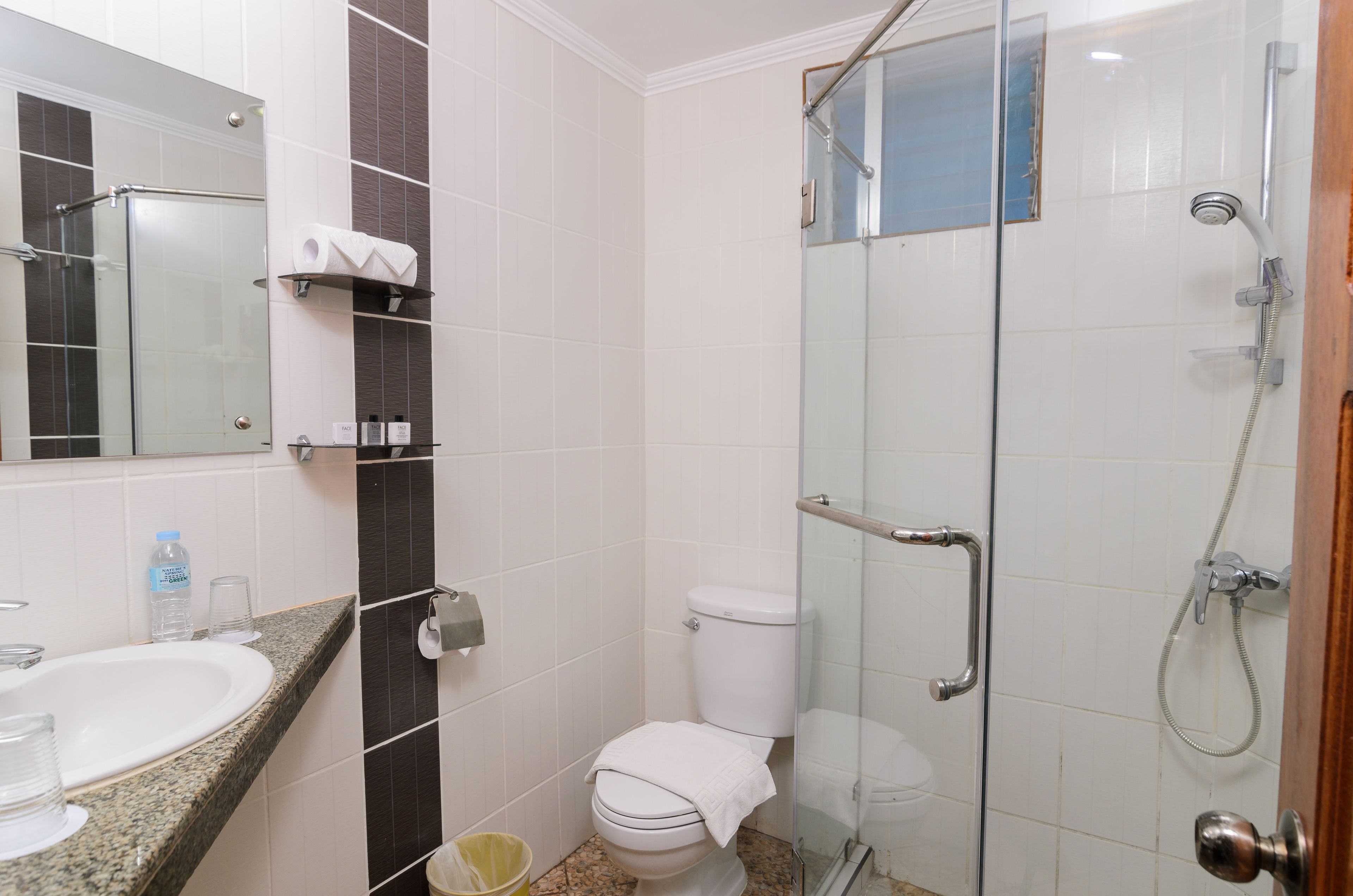 A bathroom with a glass-enclosed shower, a sink with a marble countertop, and a toilet.