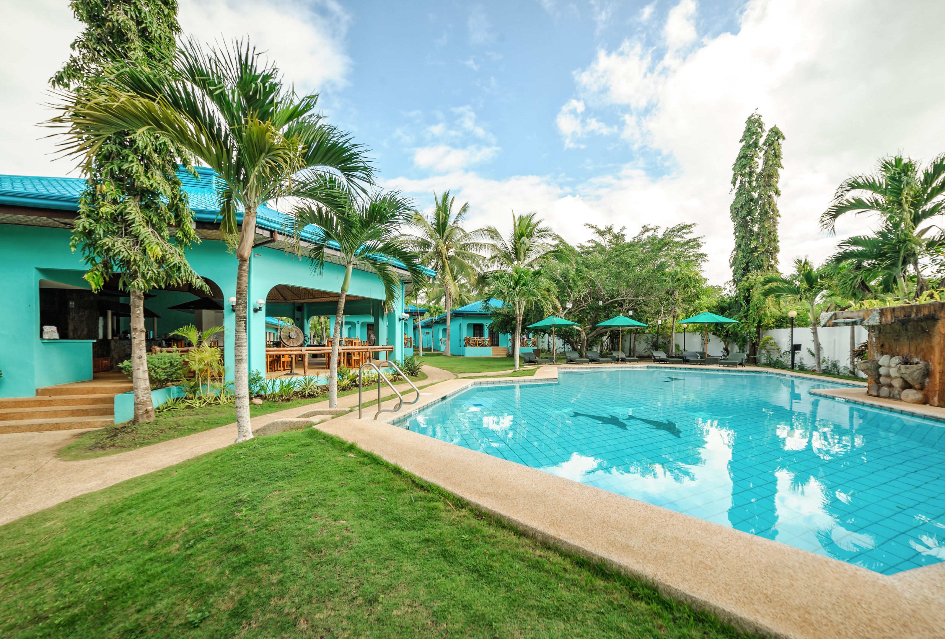 Une piscine à l’eau d’un bleu limpide, entourée d’une pelouse bien entretenue et de palmiers.