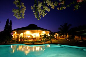 Outdoor pool, pool umbrellas, pool loungers