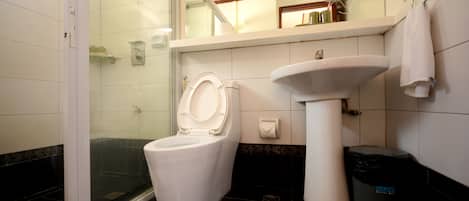 A bathroom with a toilet, sink, and a trash bin.
