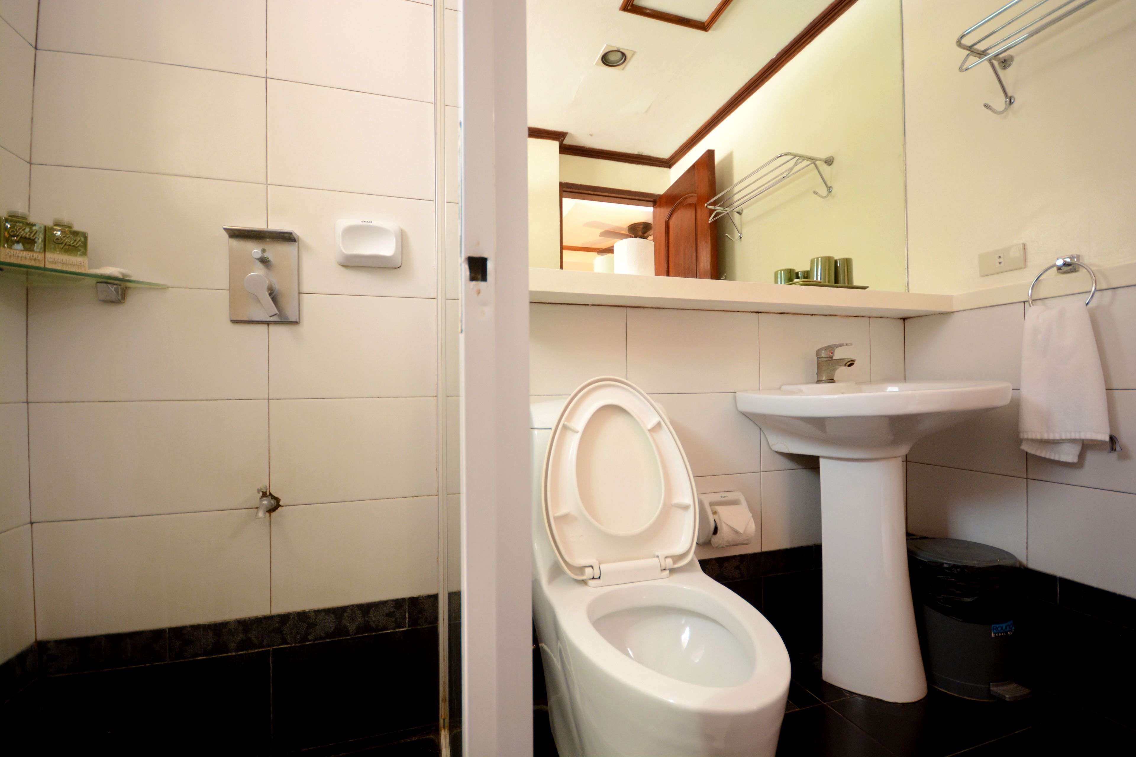 Un baño con inodoro, lavabo y espejo.