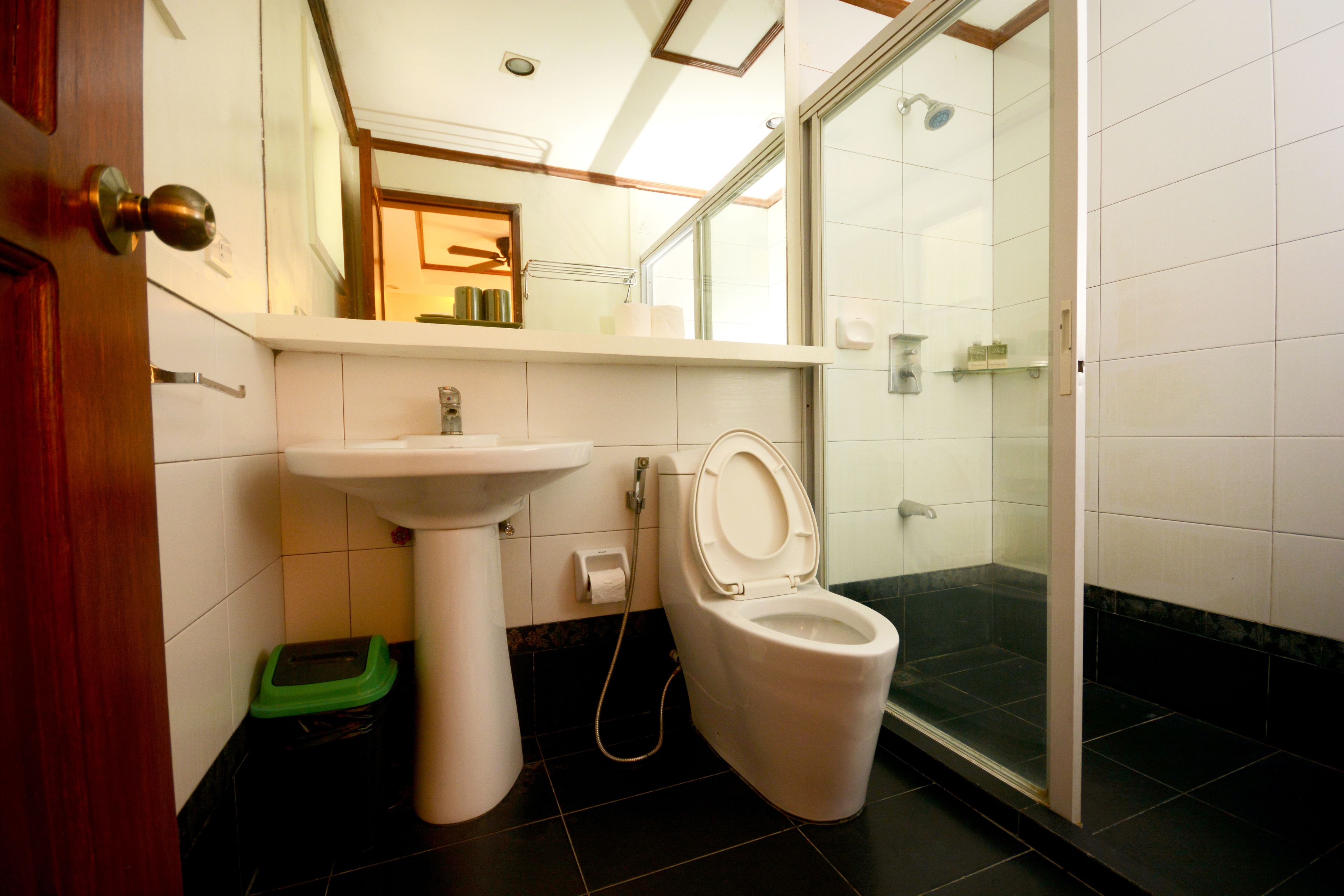 A bathroom with a toilet, sink, and shower.