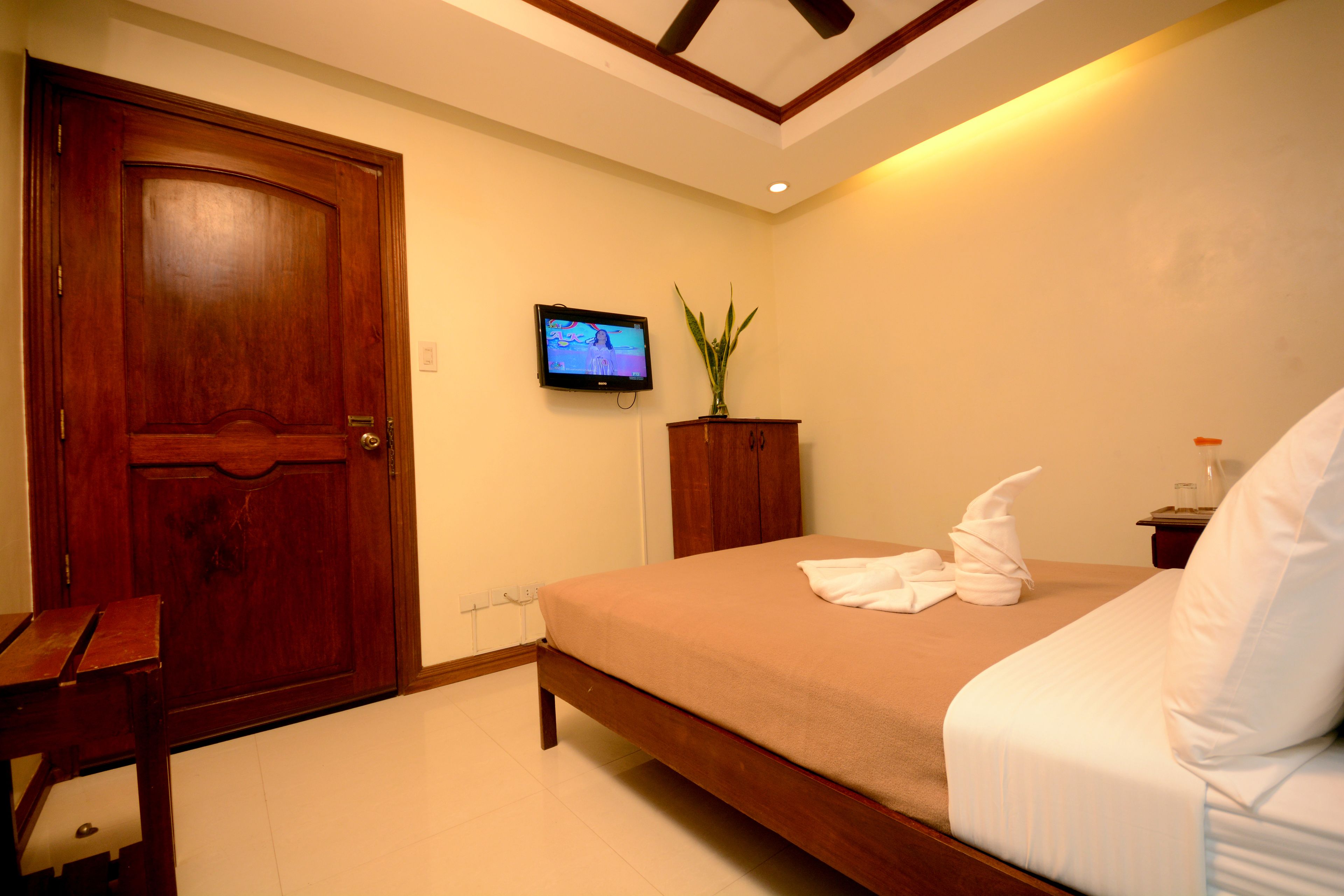 A hotel room with a wooden door, a bed with white linens, a television on the wall, and a small table with a plant.