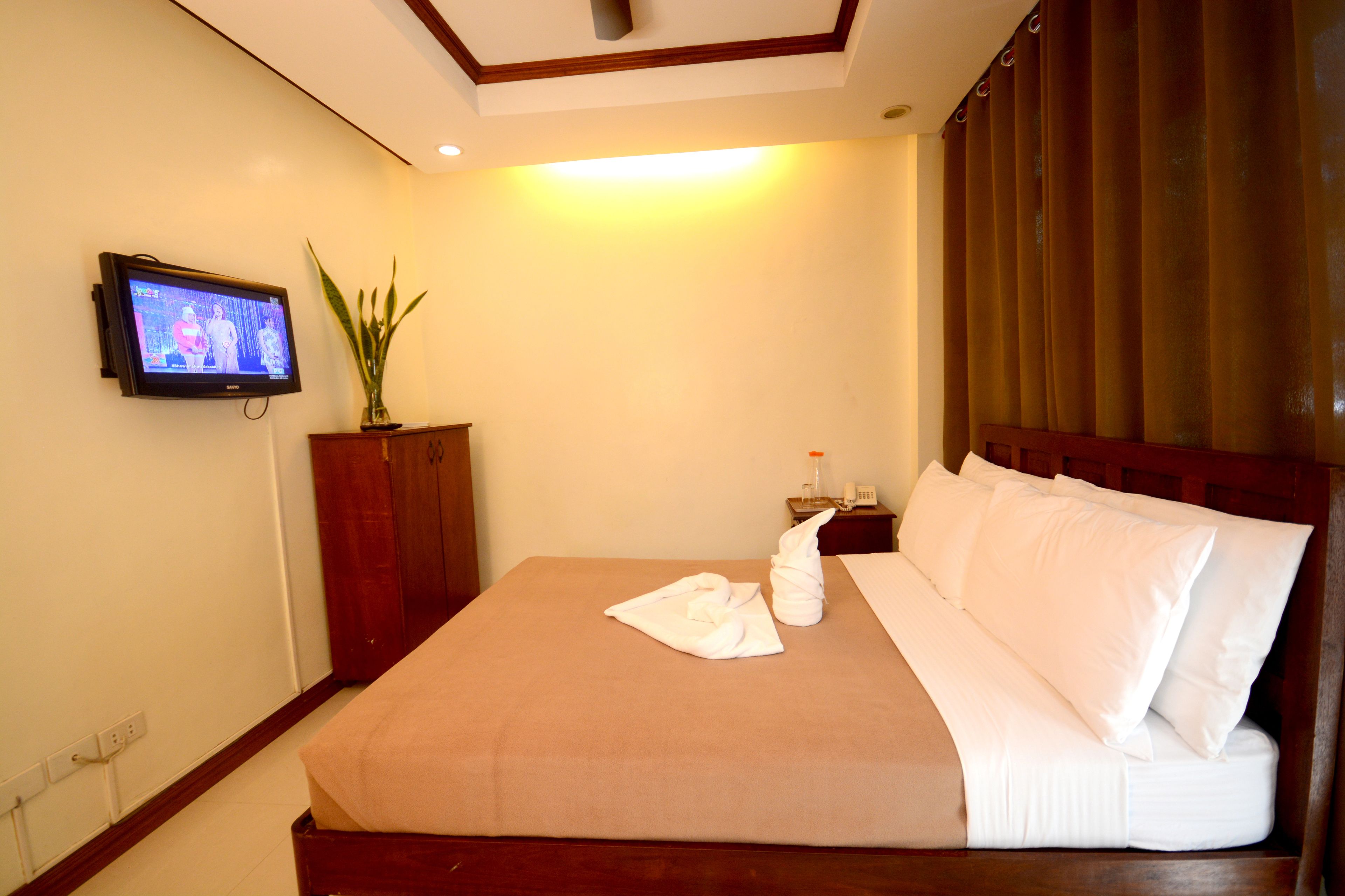 A hotel room with a bed, a television on the wall, a nightstand with a lamp, and a potted plant.