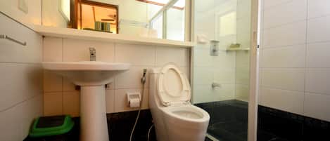 Une salle de bain avec des toilettes, un lavabo et une douche.