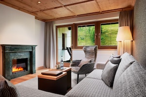 Una sala de estar acogedora con chimenea, un sofá cómodo, un sillón a rayas y vistas a un paisaje verde a través de amplios ventanales.