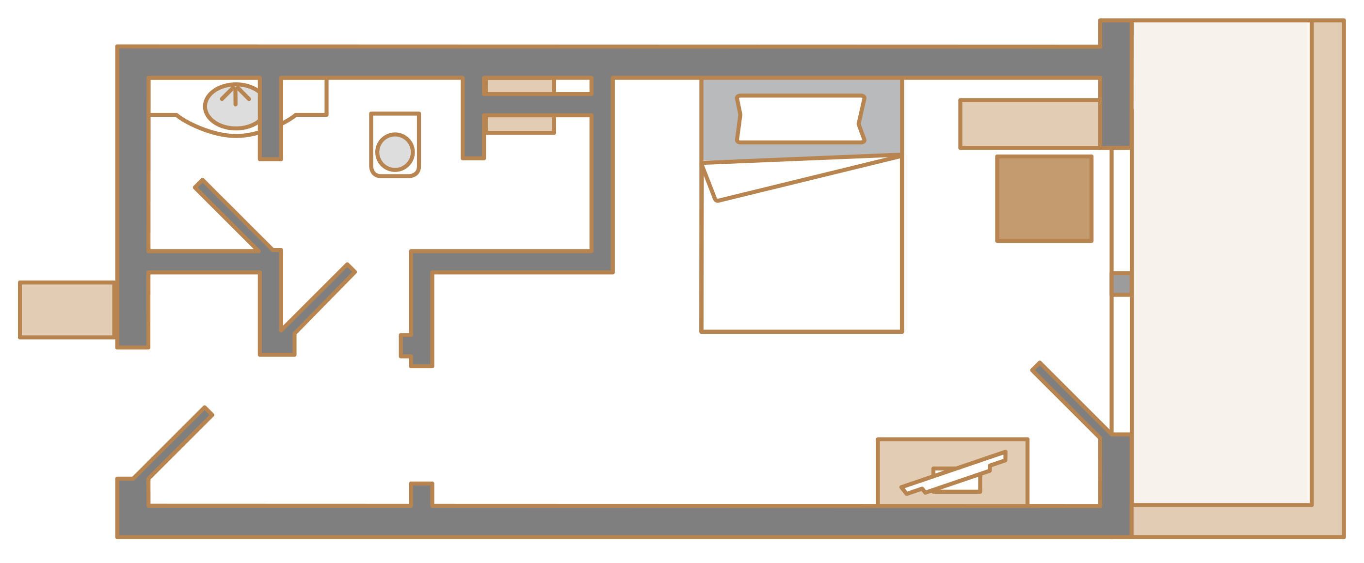 A floor plan with a kitchen, dining area, and a bathroom.