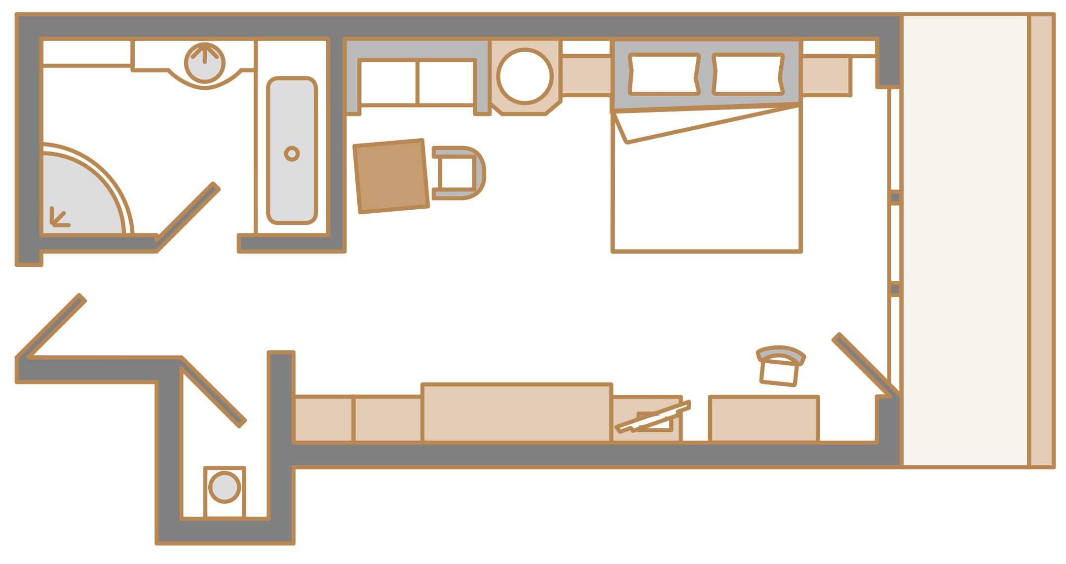 A floor plan with a kitchen, dining area, and a separate living area.