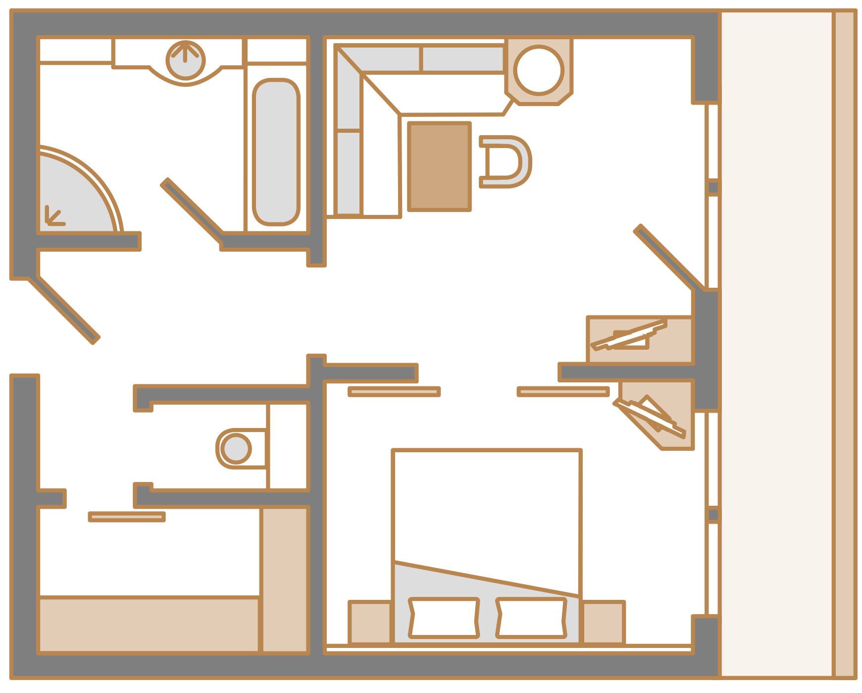 Ein Grundriss mit Küche, Essbereich, zwei Schlafzimmern, einem Badezimmer und einem Wohnzimmer.