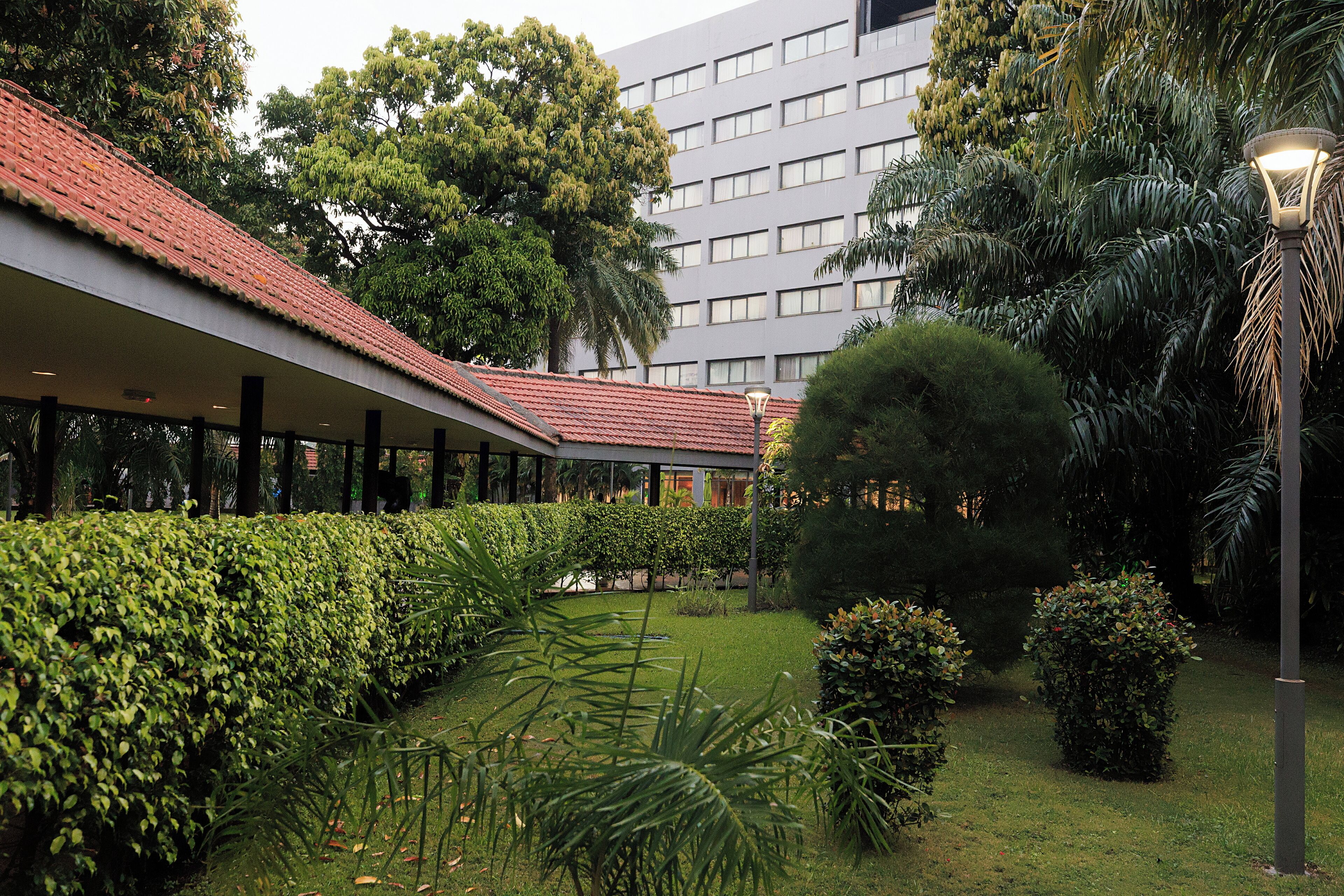 A courtyard with a covered walkway, lush greenery, and a modern building in the background.