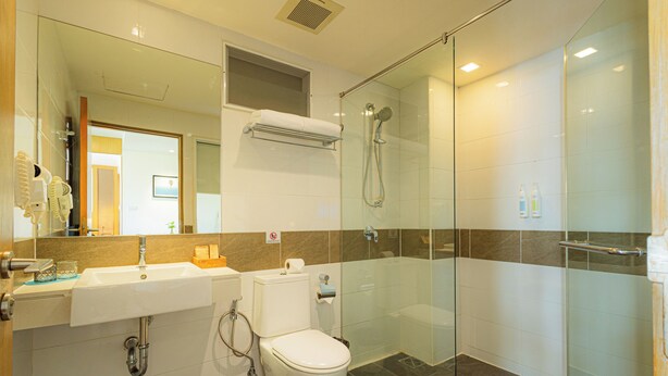 Een moderne badkamer met een douchecabine van glas, een witte wastafel en een toilet.