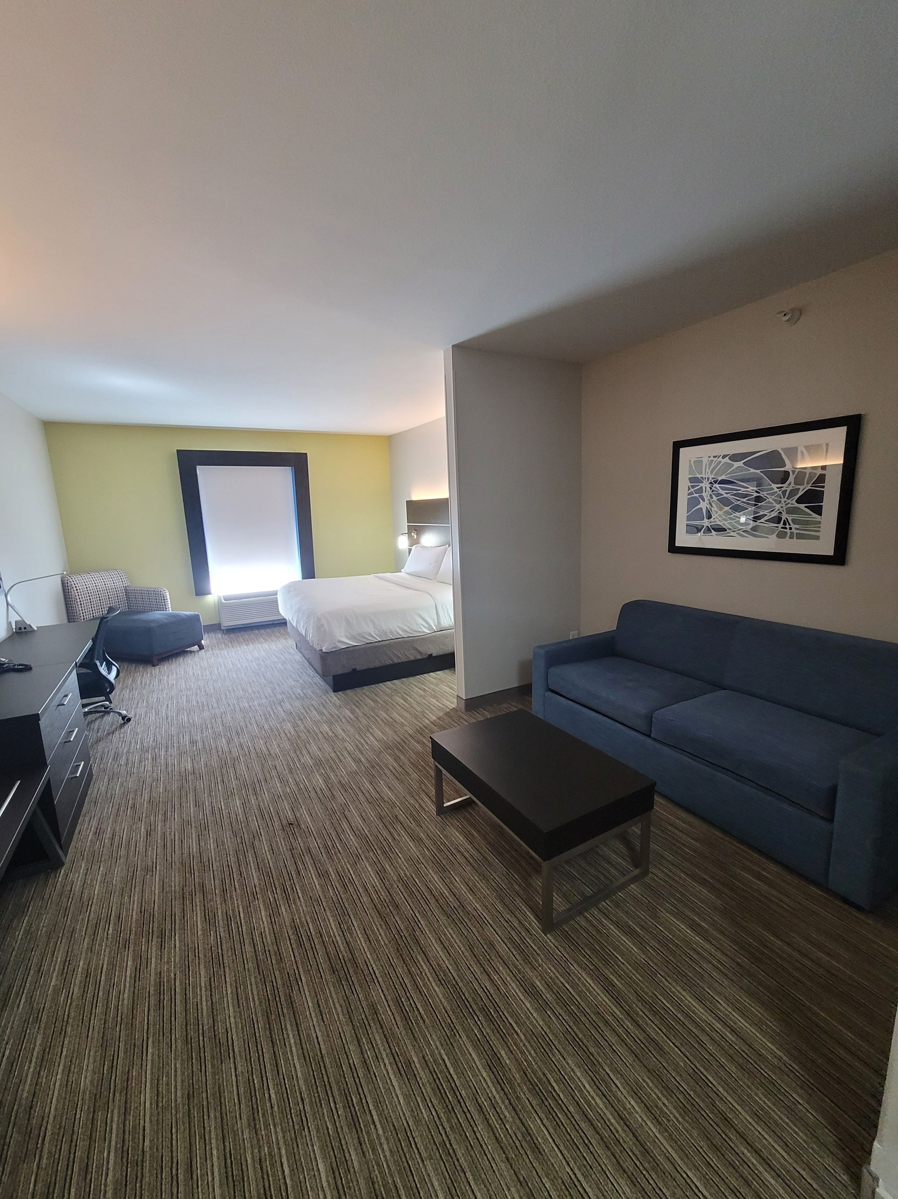 A hotel room with a bed, a blue sofa, a desk, and a chair.