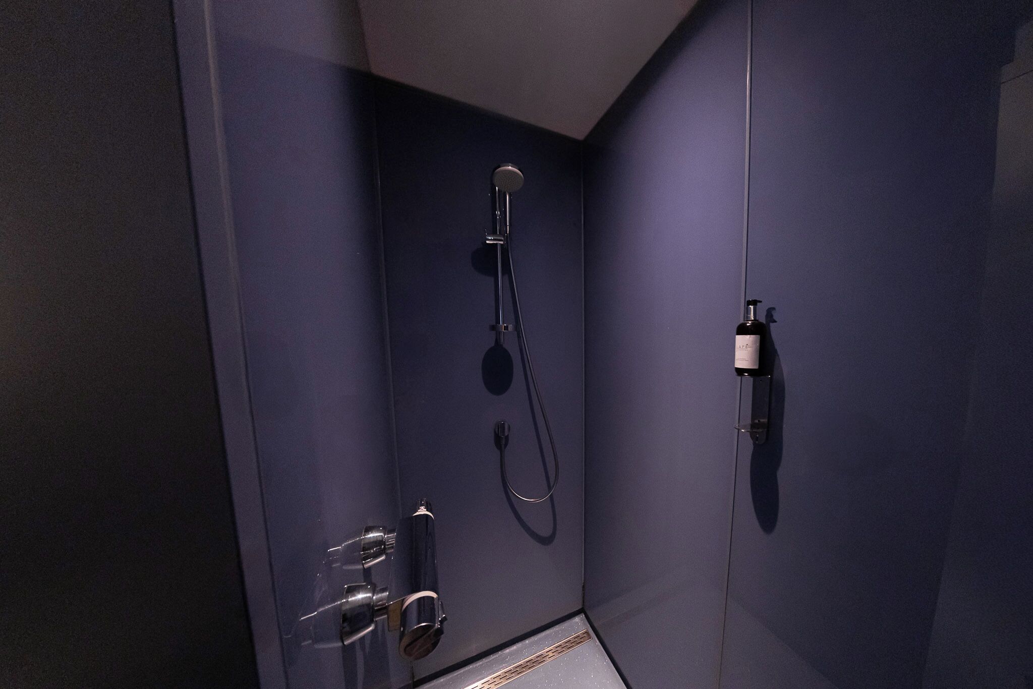 A modern bathroom with a glass shower enclosure, a handheld showerhead, and a bottle of shampoo on the wall.