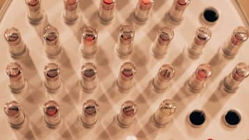 A display of lipsticks arranged in rows on a stand.
