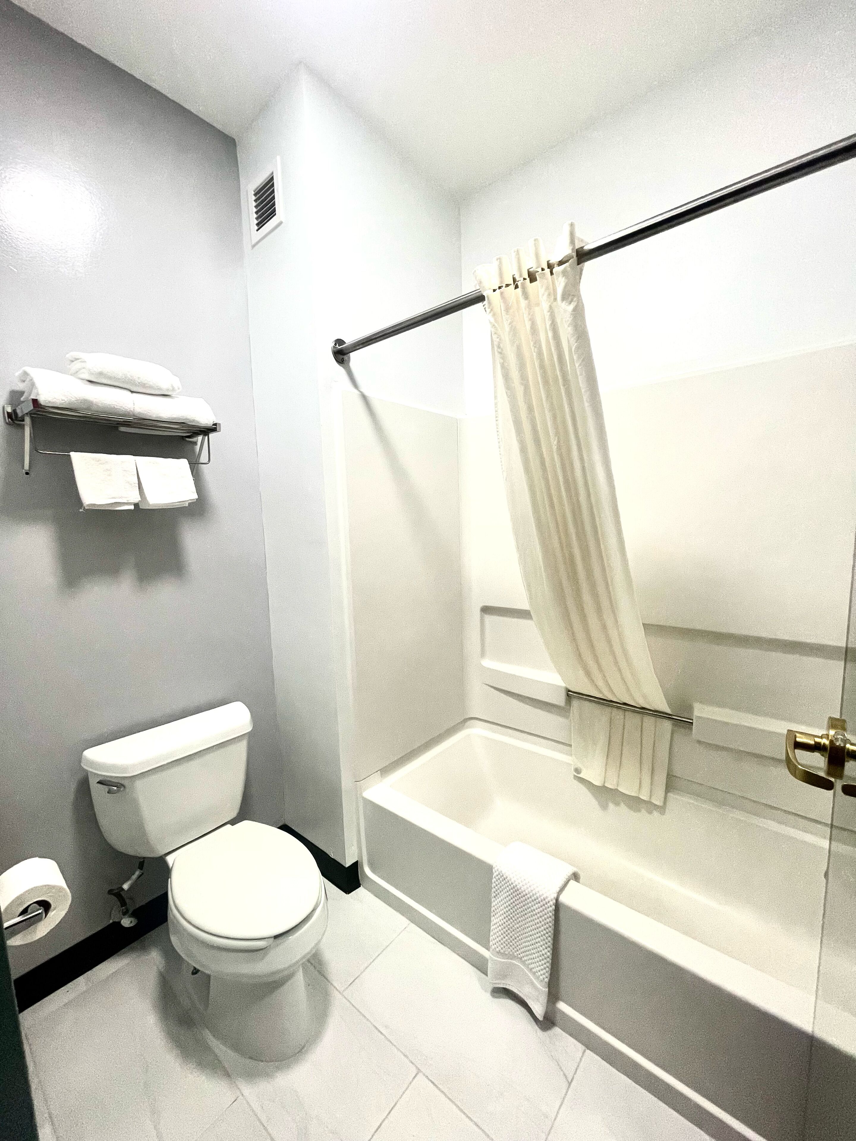 Un bagno con il water, una vasca e una tenda da doccia.
