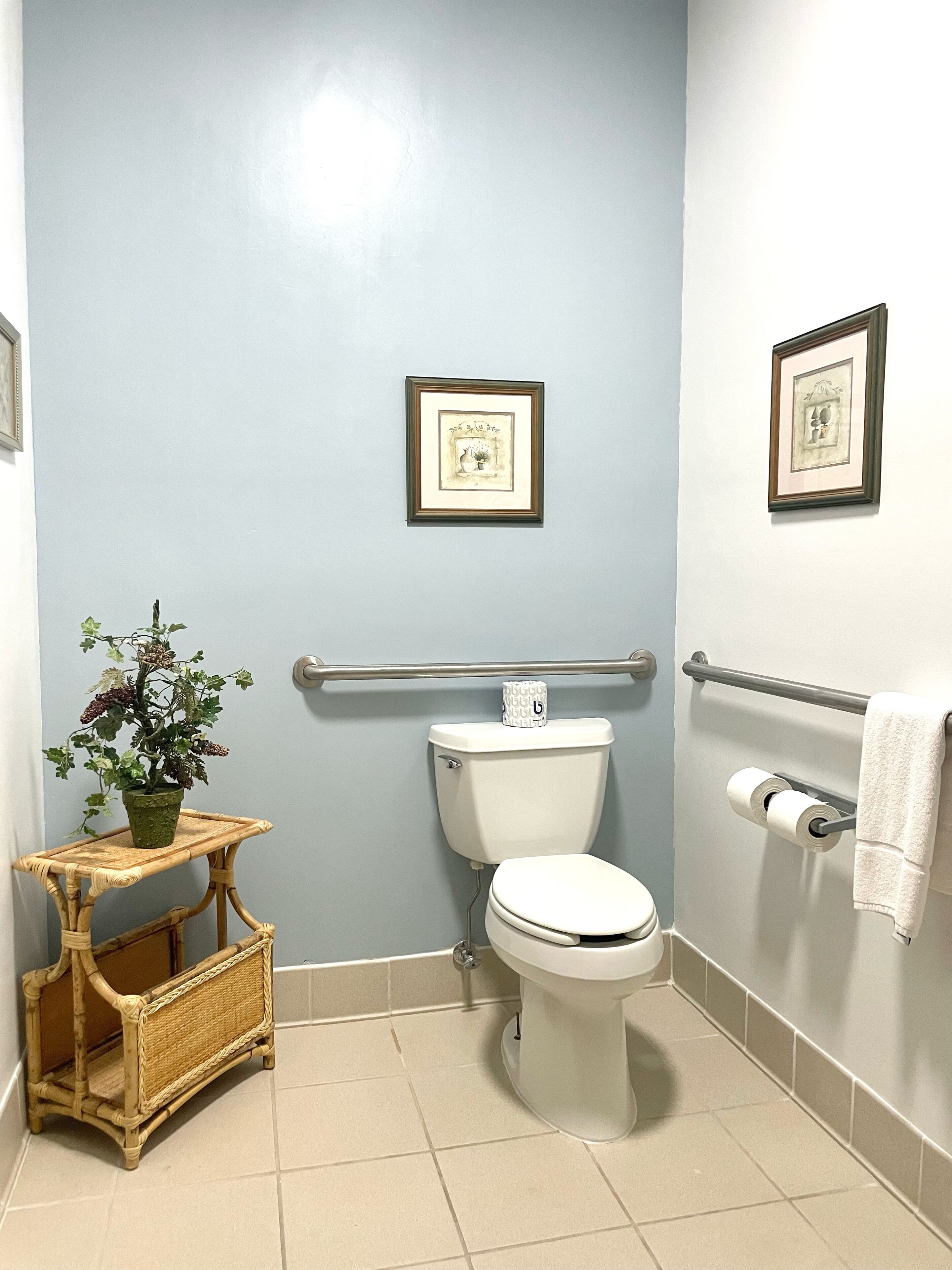 A bathroom with a toilet, a small plant on a wooden table, and two framed pictures on the wall.