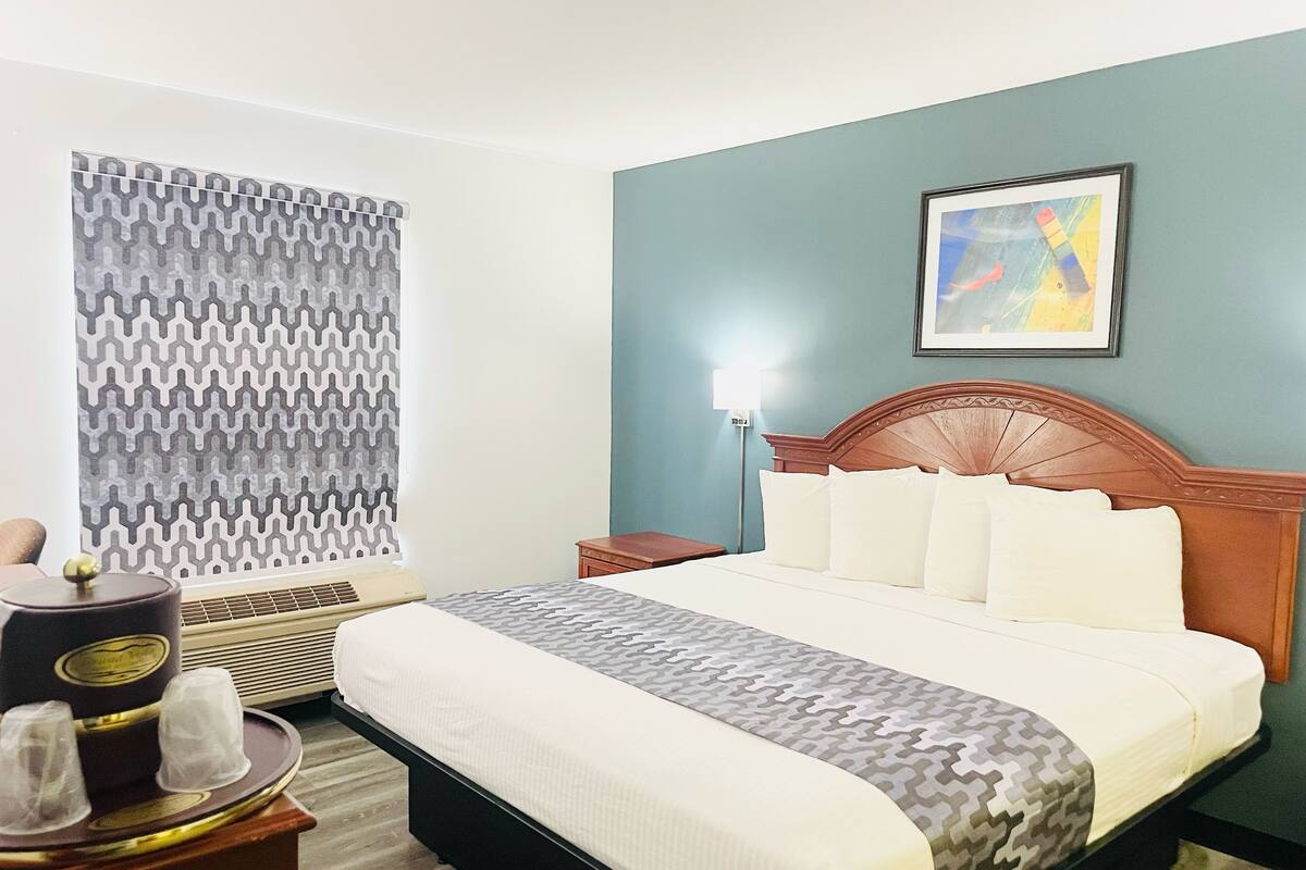 Une chambre d’hôtel avec un lit, une table de chevet, une lampe, une fenêtre avec des rideaux à motifs et un tableau encadré au mur.
