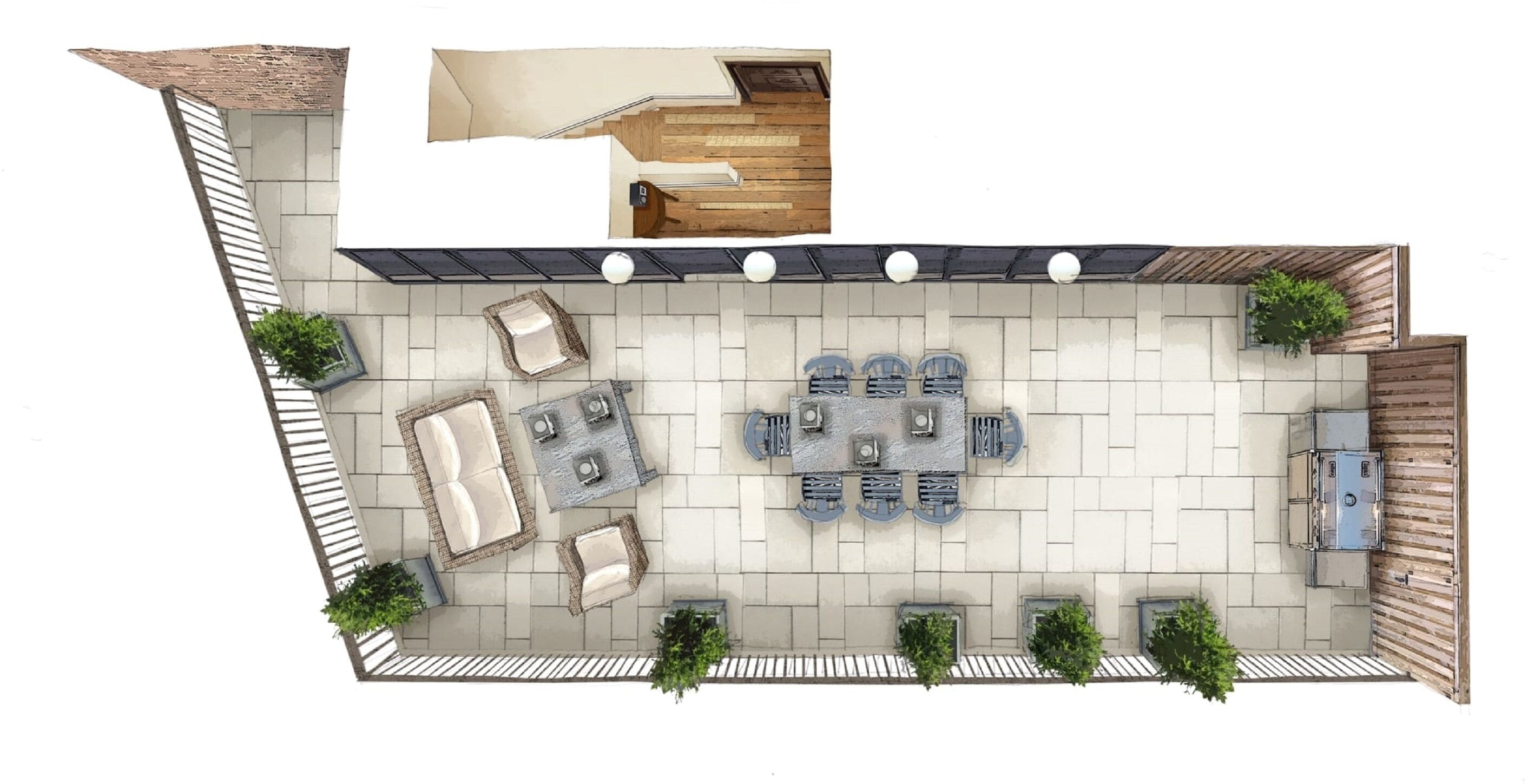 A top-down view of an outdoor patio area with a dining table and chairs, a sofa, and a small seating area.