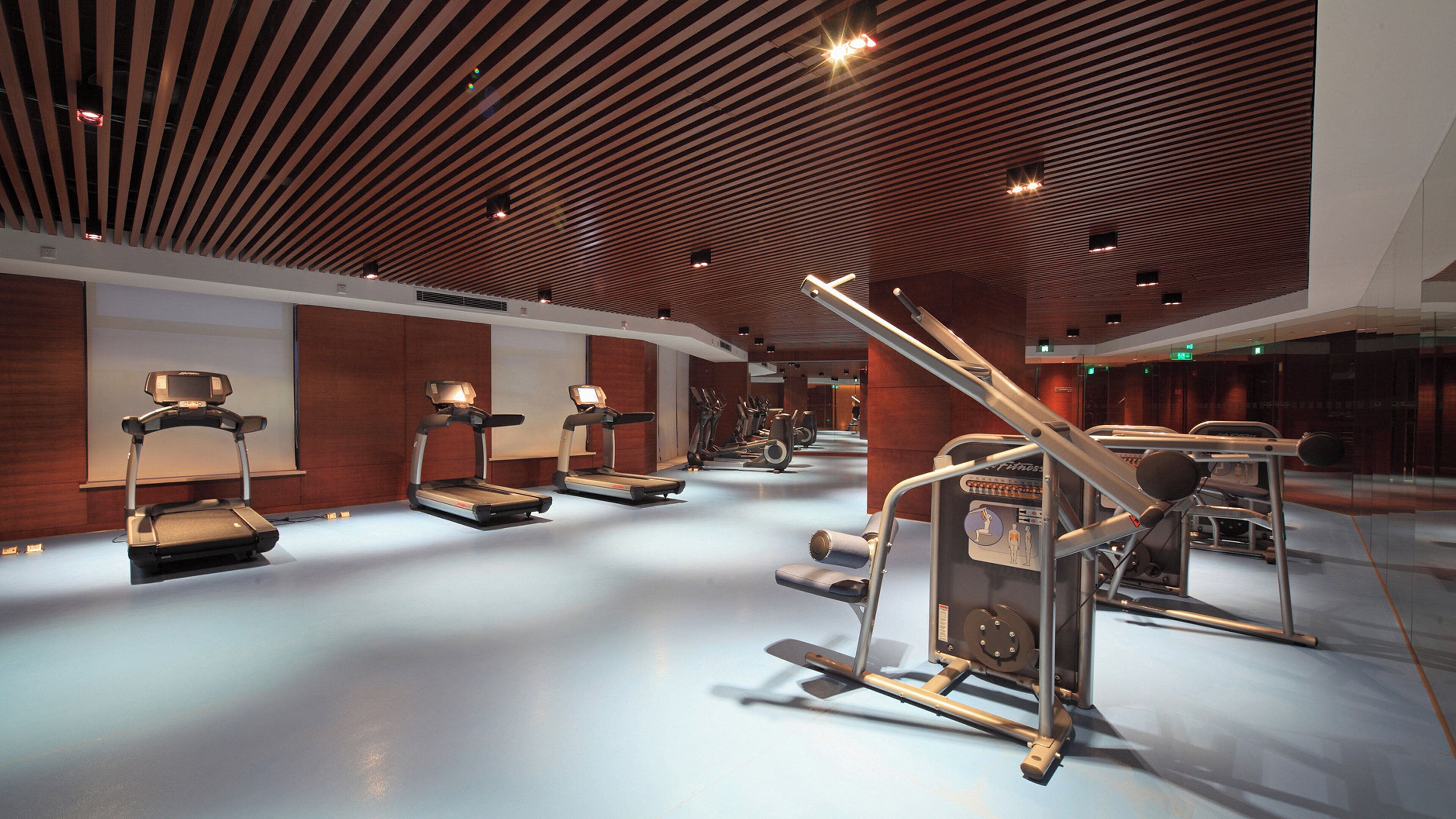 A gym with treadmills, elliptical machines, and weight equipment.