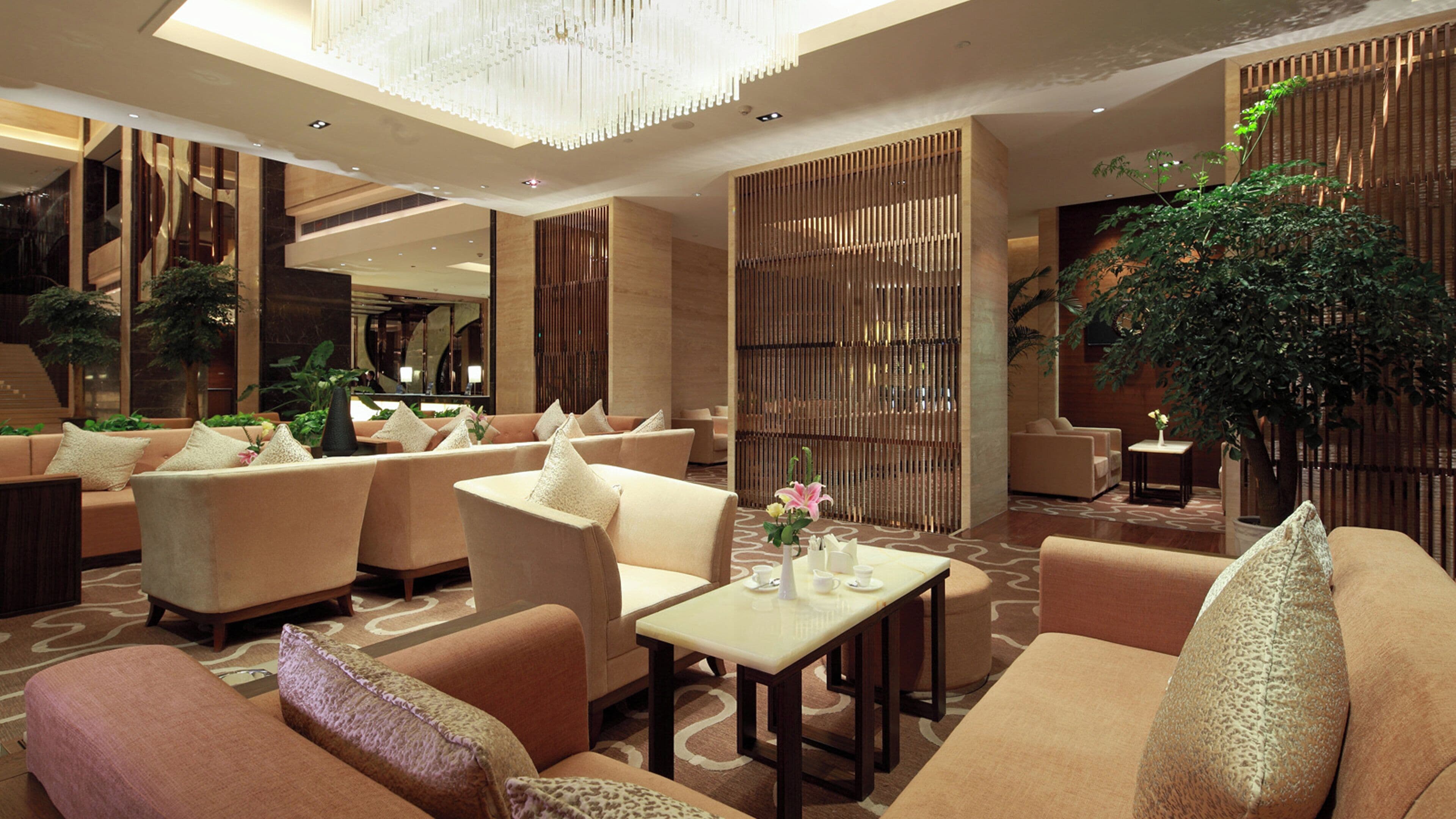 Eine moderne Lobby mit Sofas, einem Couchtisch und einer großen Pflanze.