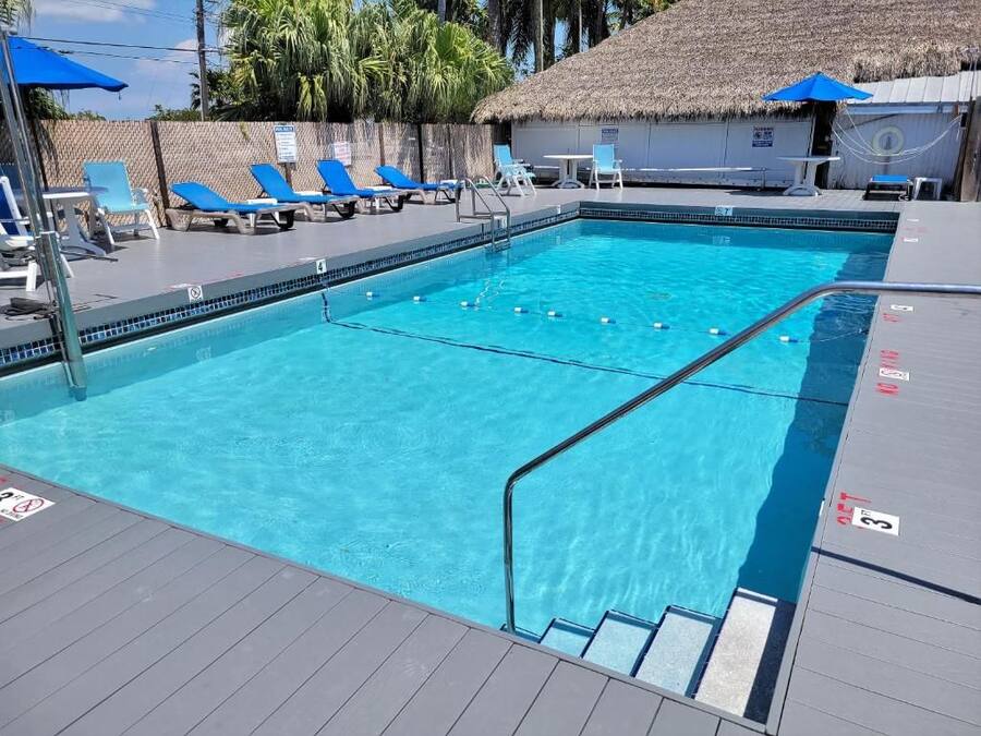 Ein Schwimmbecken mit Liegestühlen und einer strohgedeckten Struktur.