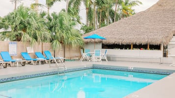 Outdoor pool, pool umbrellas, pool loungers