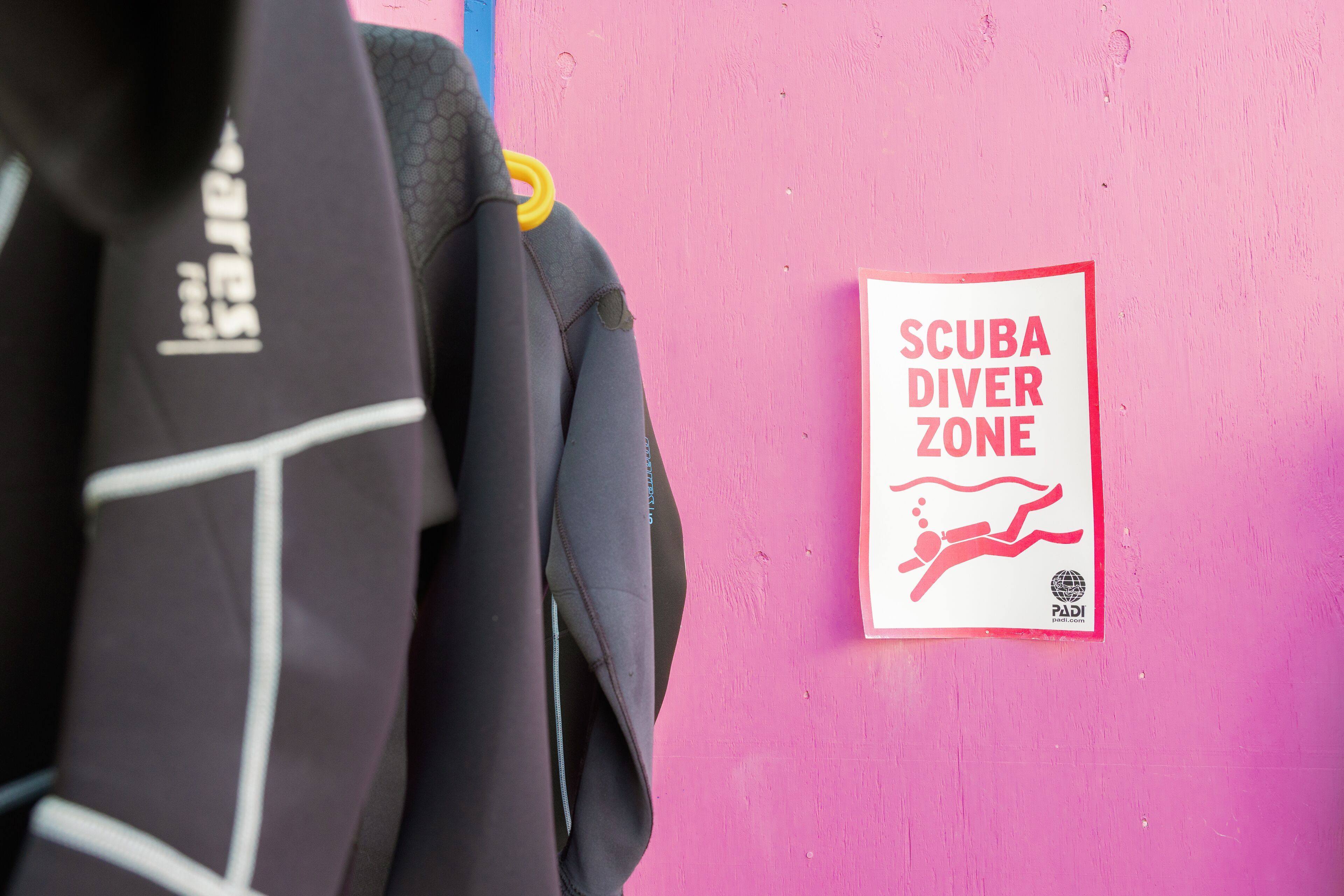 Señal que indica zona de buceo en una pared rosa.