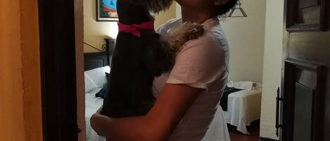 A person holding a dog in a room with a bed, a nightstand, and a painting on the wall.