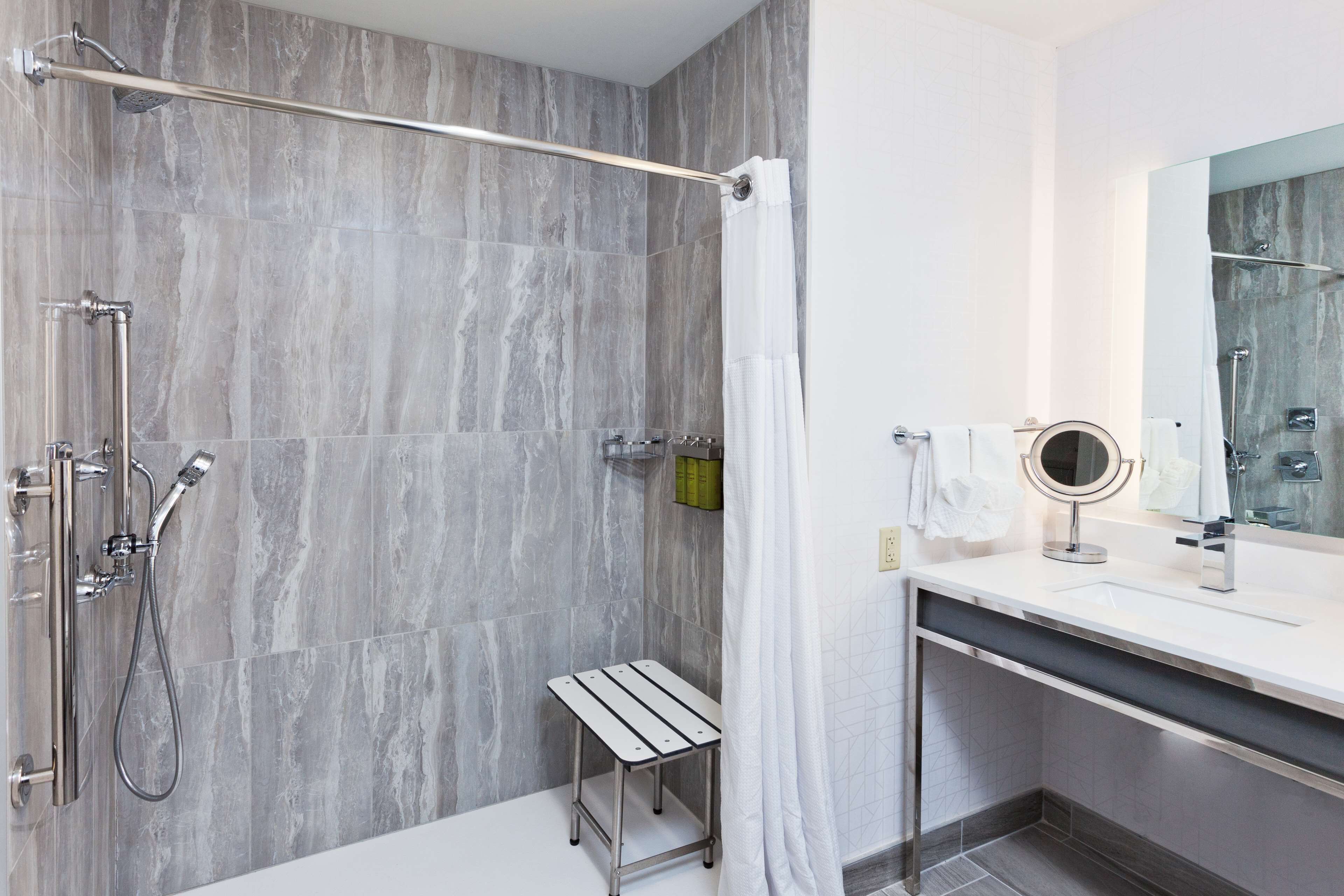 desk, laptop workspace, blackout curtains, iron/ironing board