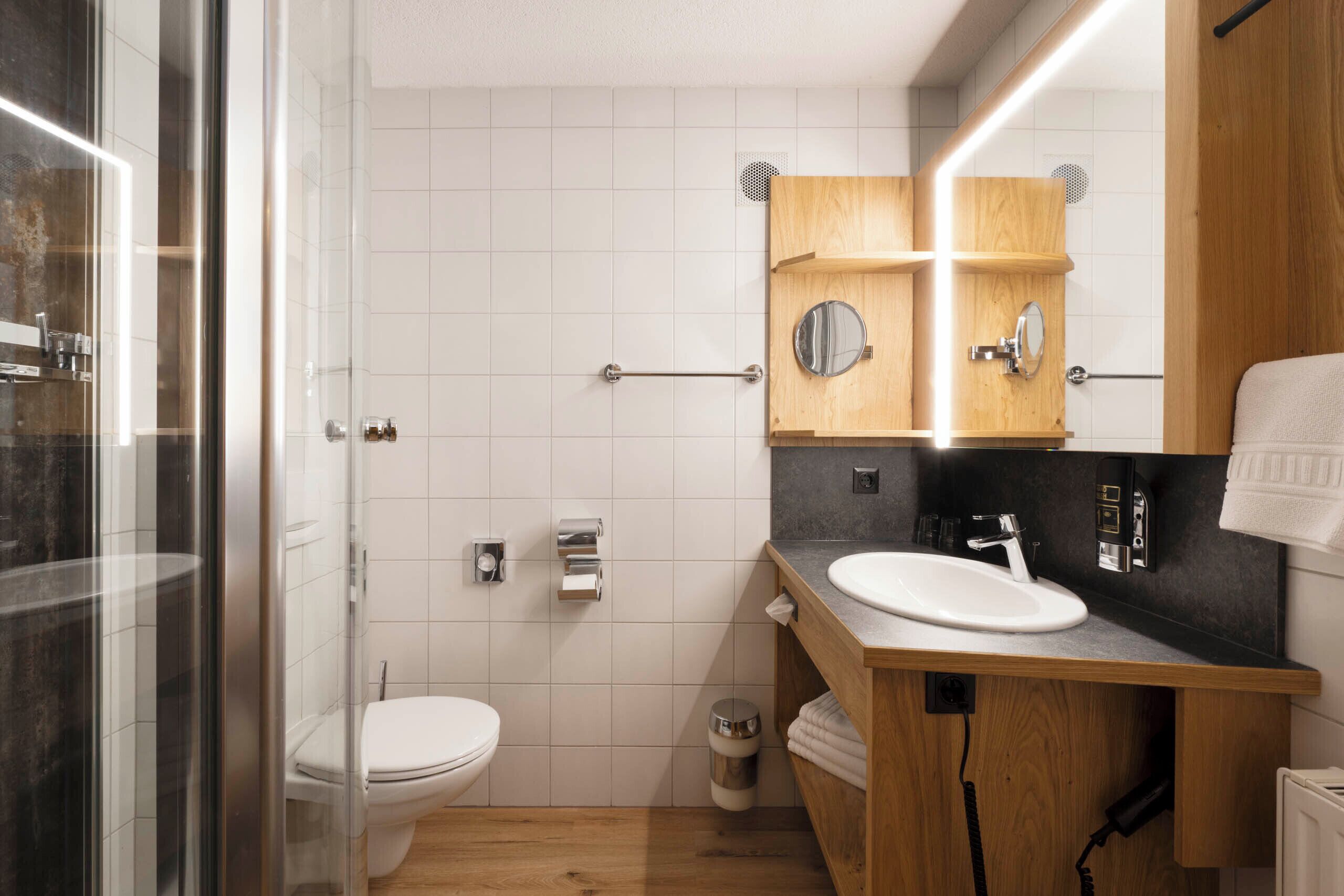 A modern bathroom with a glass shower enclosure, a white toilet, a wooden vanity with a sink, and a mirror above the vanity.