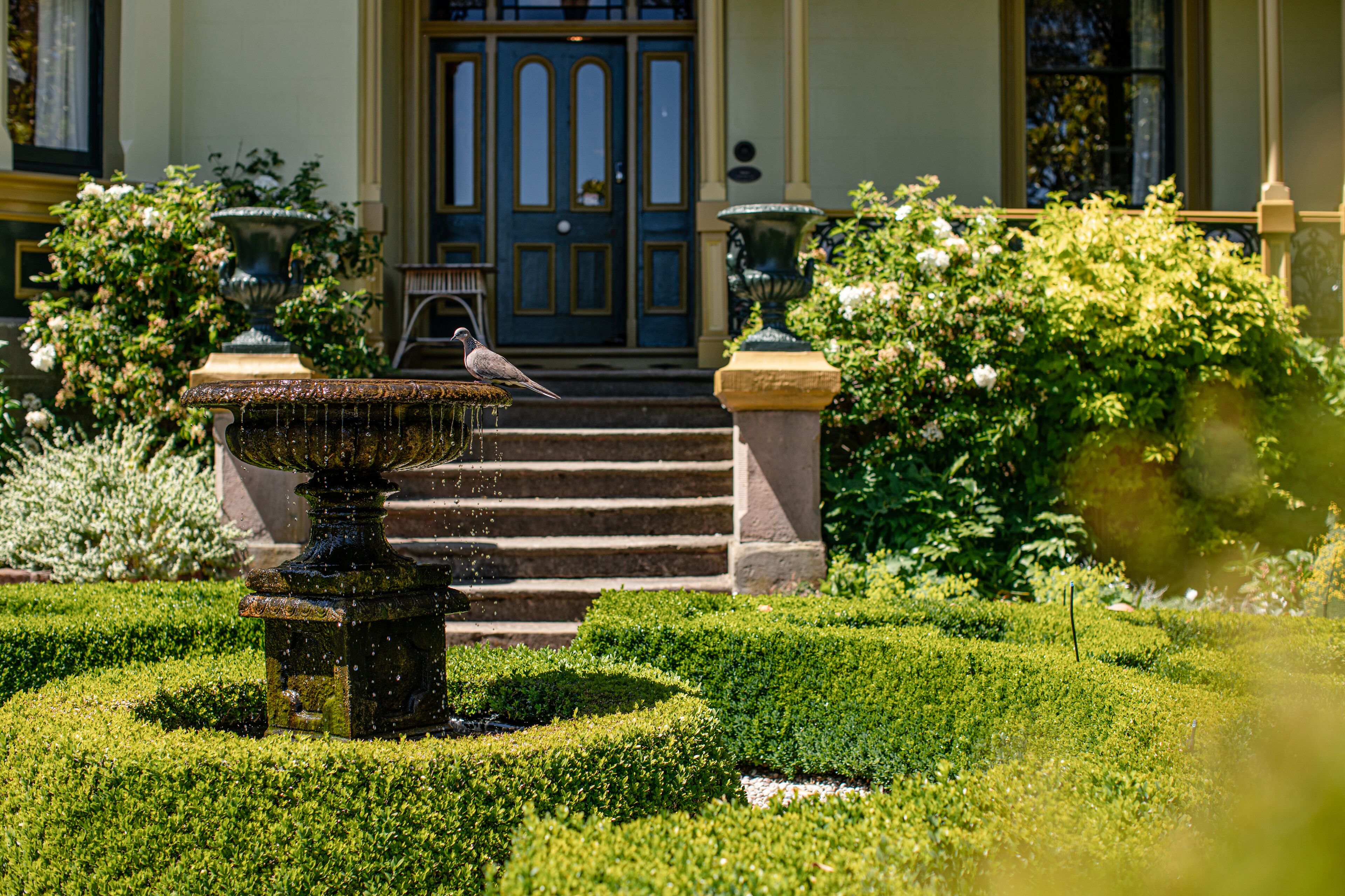 A well-manicured garden with a fountain, steps leading to a door, and a building with a blue door in the background.