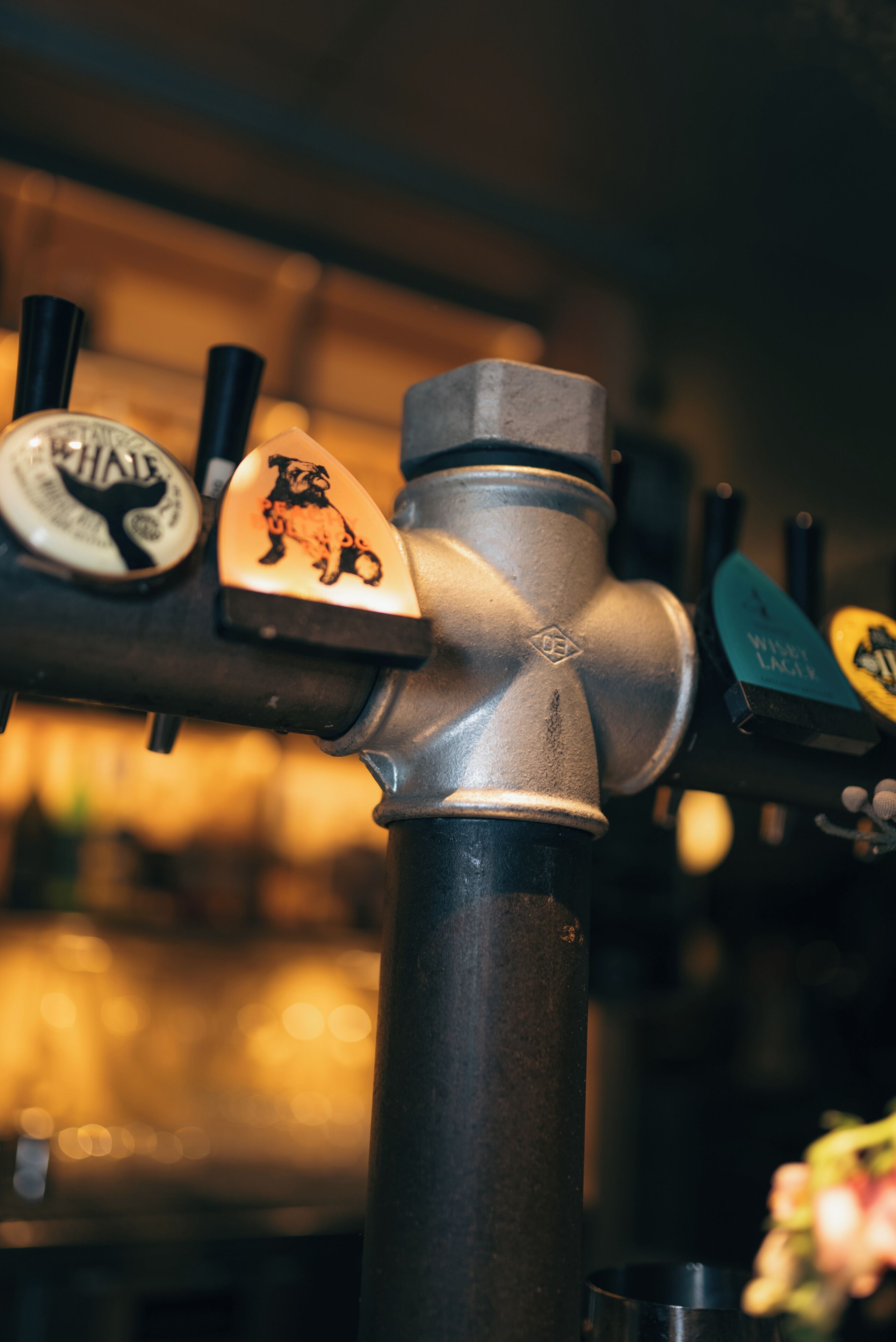 Primer plano de un grifo de cerveza con un logotipo de perro, en un ambiente de bar o pub.