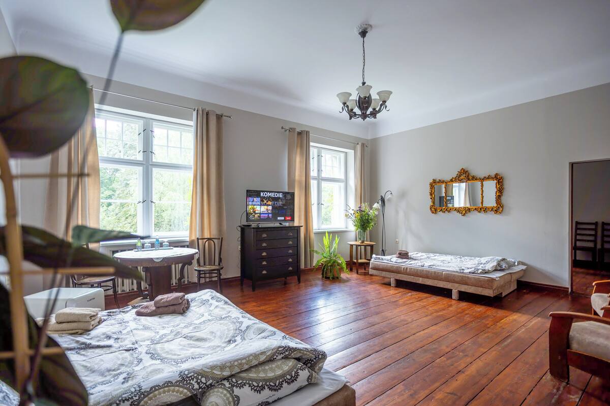 Een kamer met een bed, een bureau, een televisie en een spiegel.