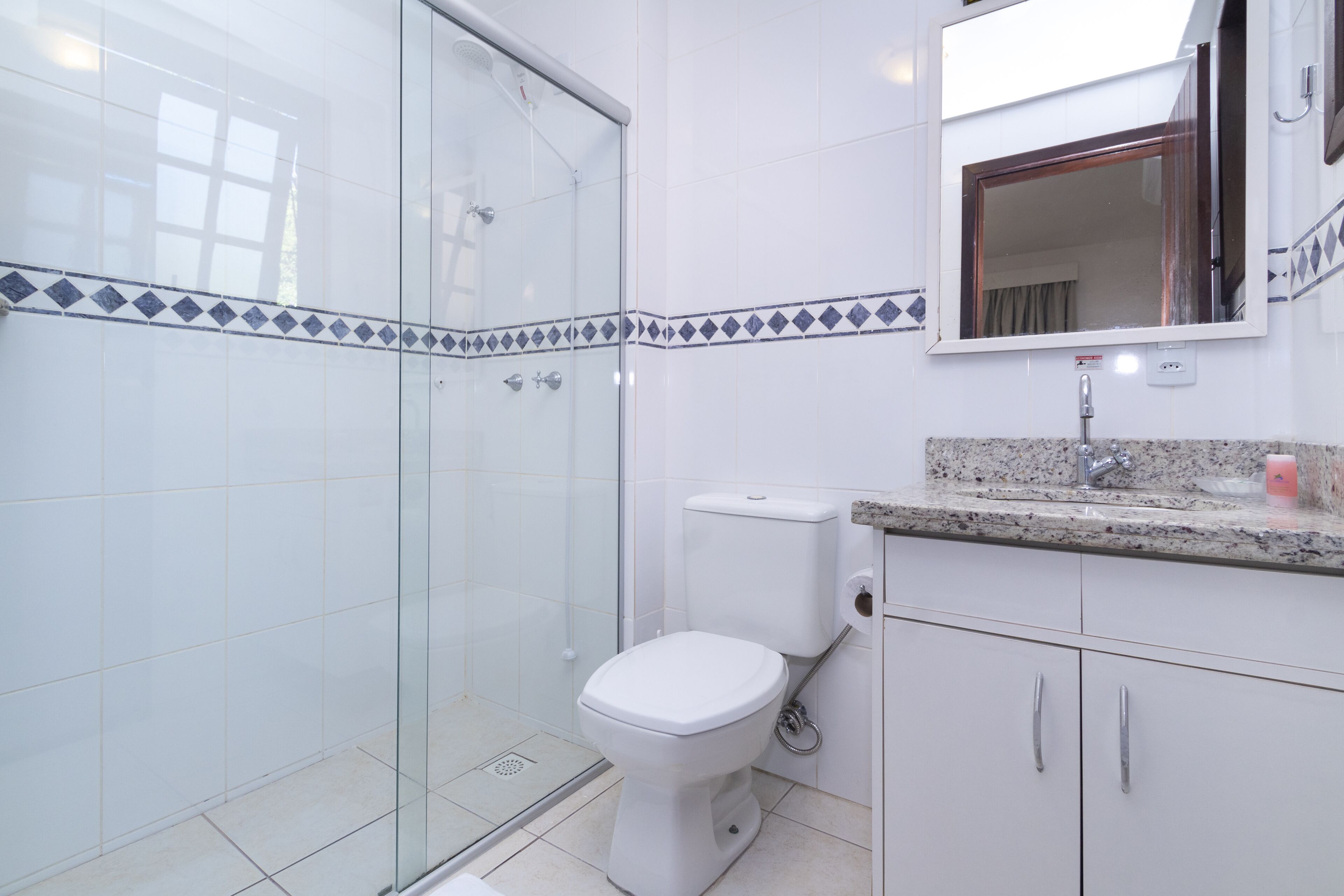 A bathroom with a glass shower enclosure, a toilet, and a sink with a mirror above it.