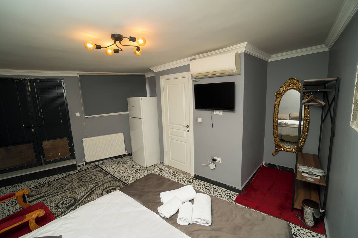 A hotel room with a bed, a red carpet, a white radiator, a television, and a gold-framed mirror.
