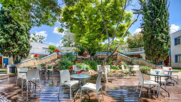 An outdoor patio with tables and chairs, surrounded by trees and plants.