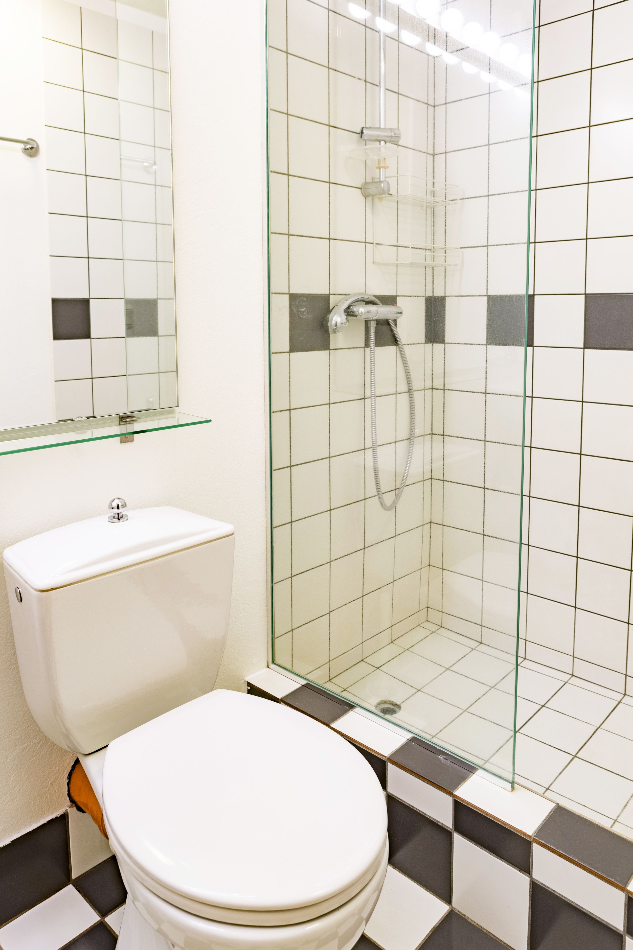 Un baño con inodoro, cabina de ducha de cristal y espejo sobre el lavabo.