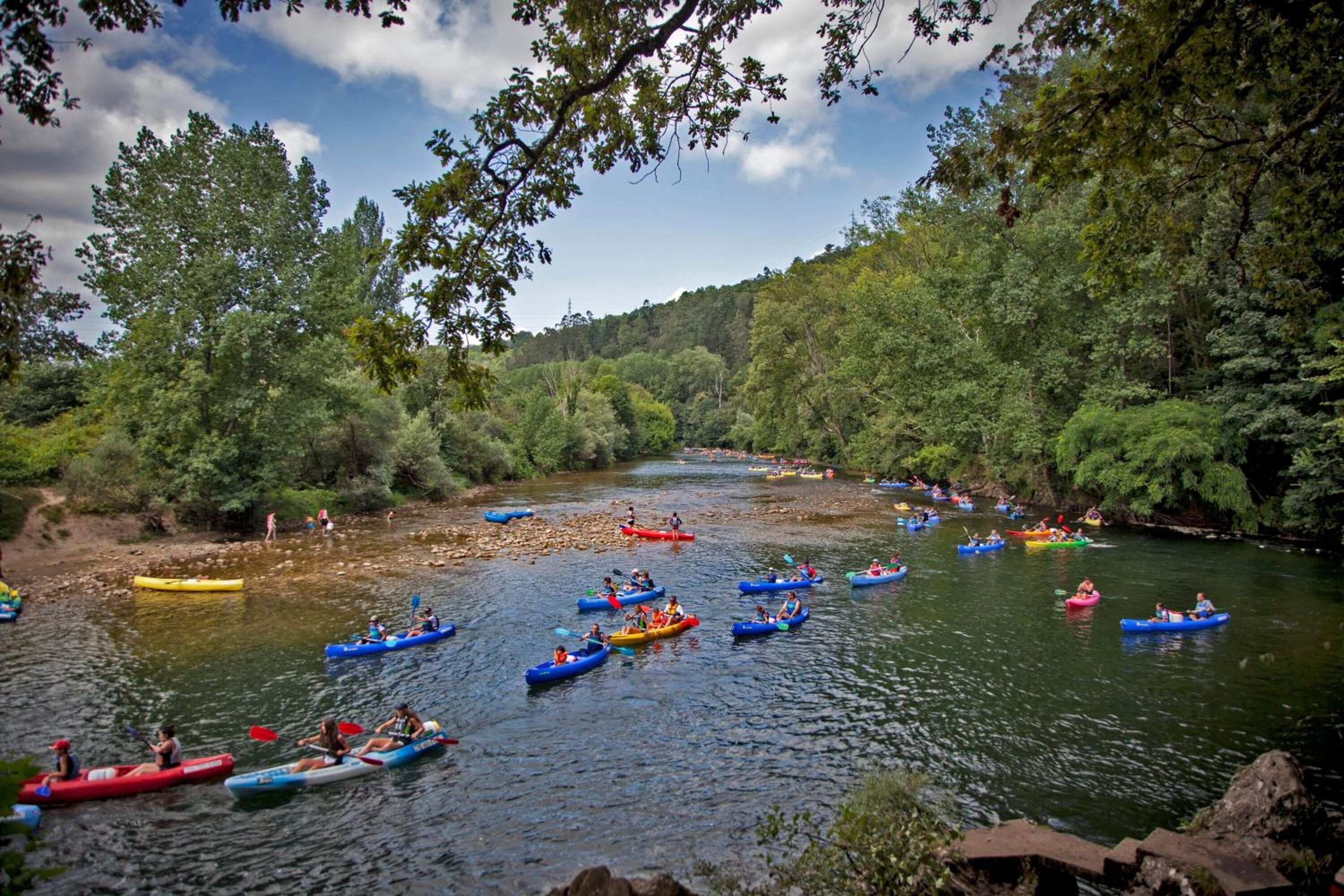 Une rivière où l’on peut faire du kayak et du canoë, bordée d’une forêt dense et surplombée d’un ciel dégagé.