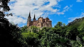 Un edificio grande e histórico con múltiples torres, rodeado de exuberante vegetación y un cielo azul despejado.